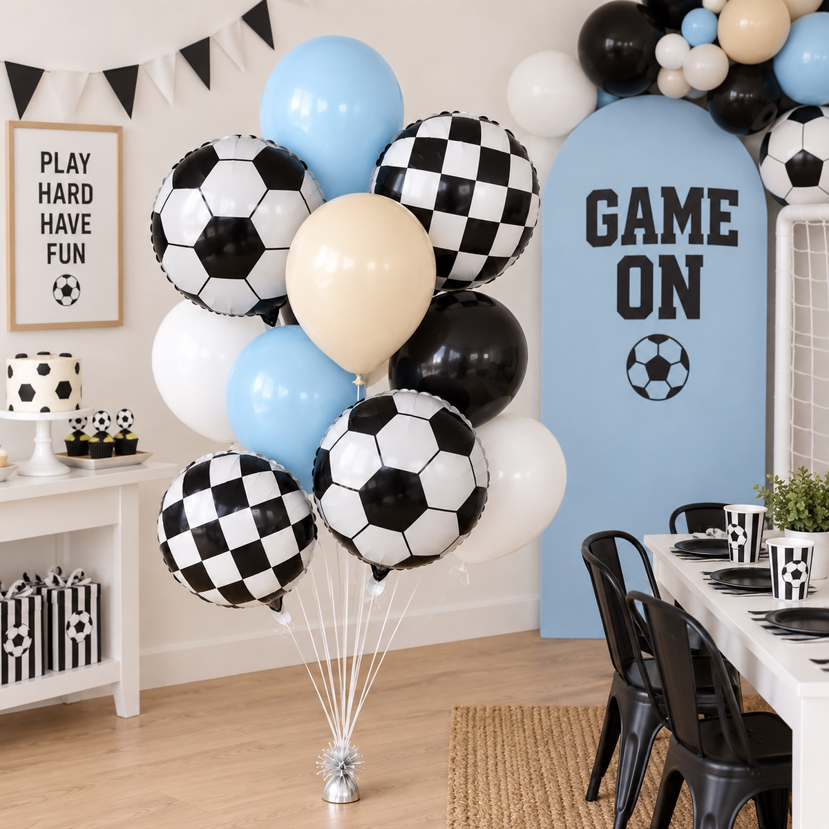 Soccer Birthday Balloon Bundle, 10 Pack | Soccer Ball & Checkered Foil Balloons | Light Blue, Tan, Black and White Party Deco