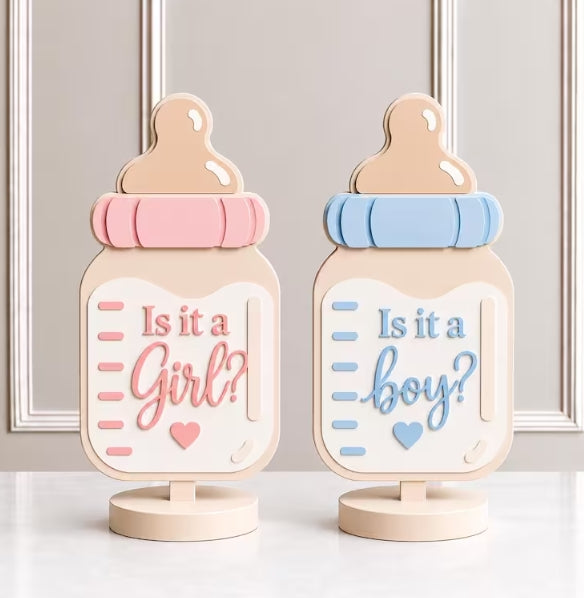 Gender Reveal Centerpiece Pair | 3D Printed Baby Bottle Signs | Is It a Girl? Is It a Boy? | Pink and Blue Party Decor - Gender Reveal Party