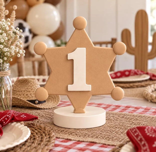 Cowboy Sheriff Badge Birthday Centerpiece, Custom Age 3D Printed Western Star Sign, Rodeo Party Table Deco