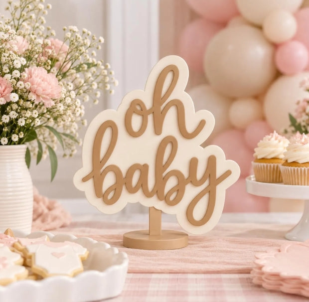 Oh Baby 3D Printed Baby Shower Sign - Neutral Table Centerpiece - Tan and Cream Baby Shower Decor - Oh Baby Signage -Baby Shower Decorations
