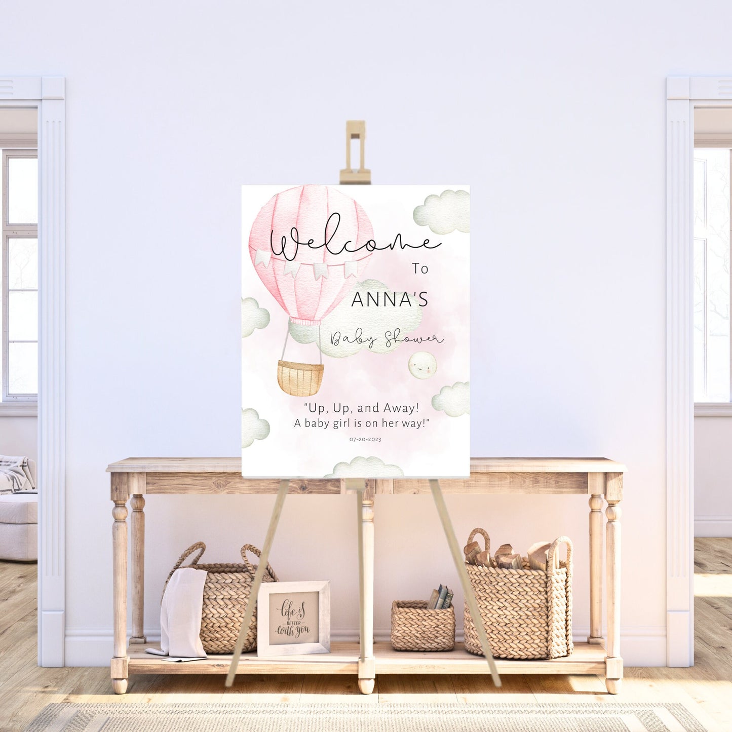 Hot Air Balloon Welcome Sign, Baby Shower Welcome Sign Printable, Girl Baby Shower, Up Up And Away Shower, Editable Template