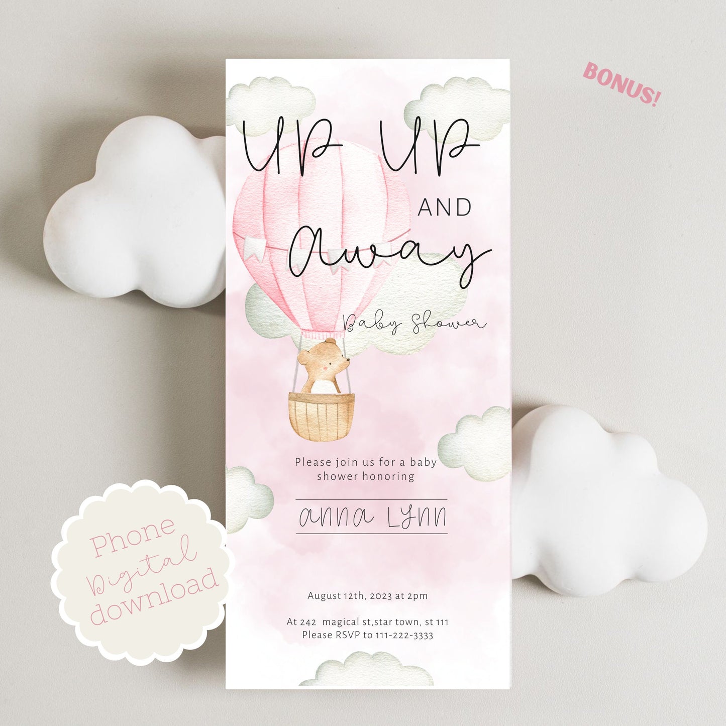 Hot Air Balloon Baby Shower Invitation, Phone invitation, Adventure Awaits| INSTANT DOWNLOAD | editable digital file, Templet