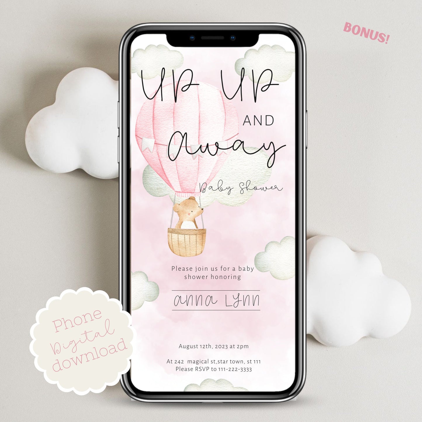 Hot Air Balloon Baby Shower Invitation, Phone invitation, Adventure Awaits| INSTANT DOWNLOAD | editable digital file, Templet