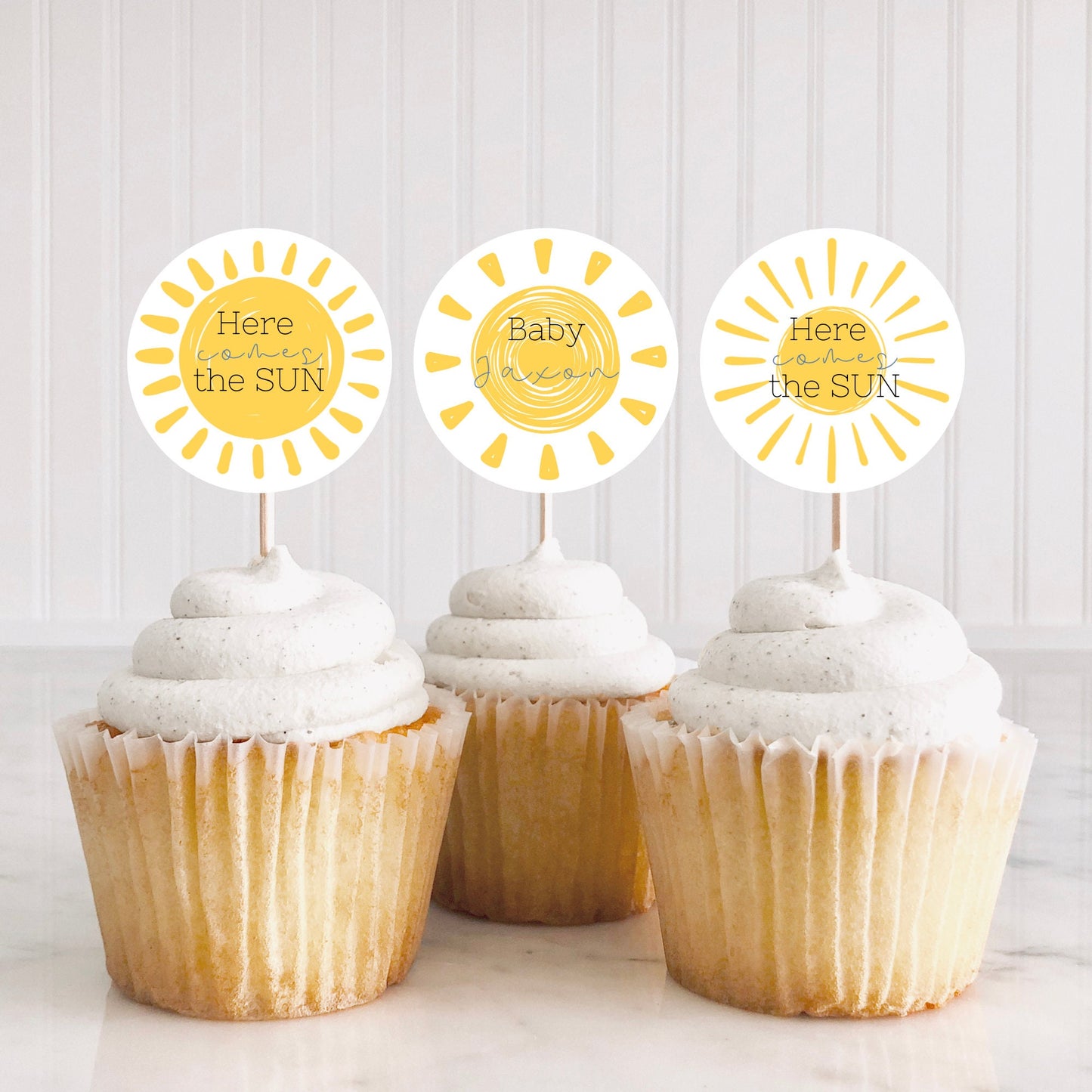 Baby Shower Decor Instant Download Sunshine Baby Shower Cupcake Toppers Here Come The Son Baby Shower Retro Boy Blue And Yellow Sunshine
