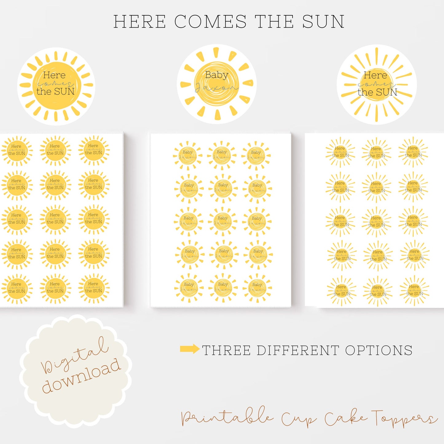 Baby Shower Decor Instant Download Sunshine Baby Shower Cupcake Toppers Here Come The Son Baby Shower Retro Boy Blue And Yellow Sunshine