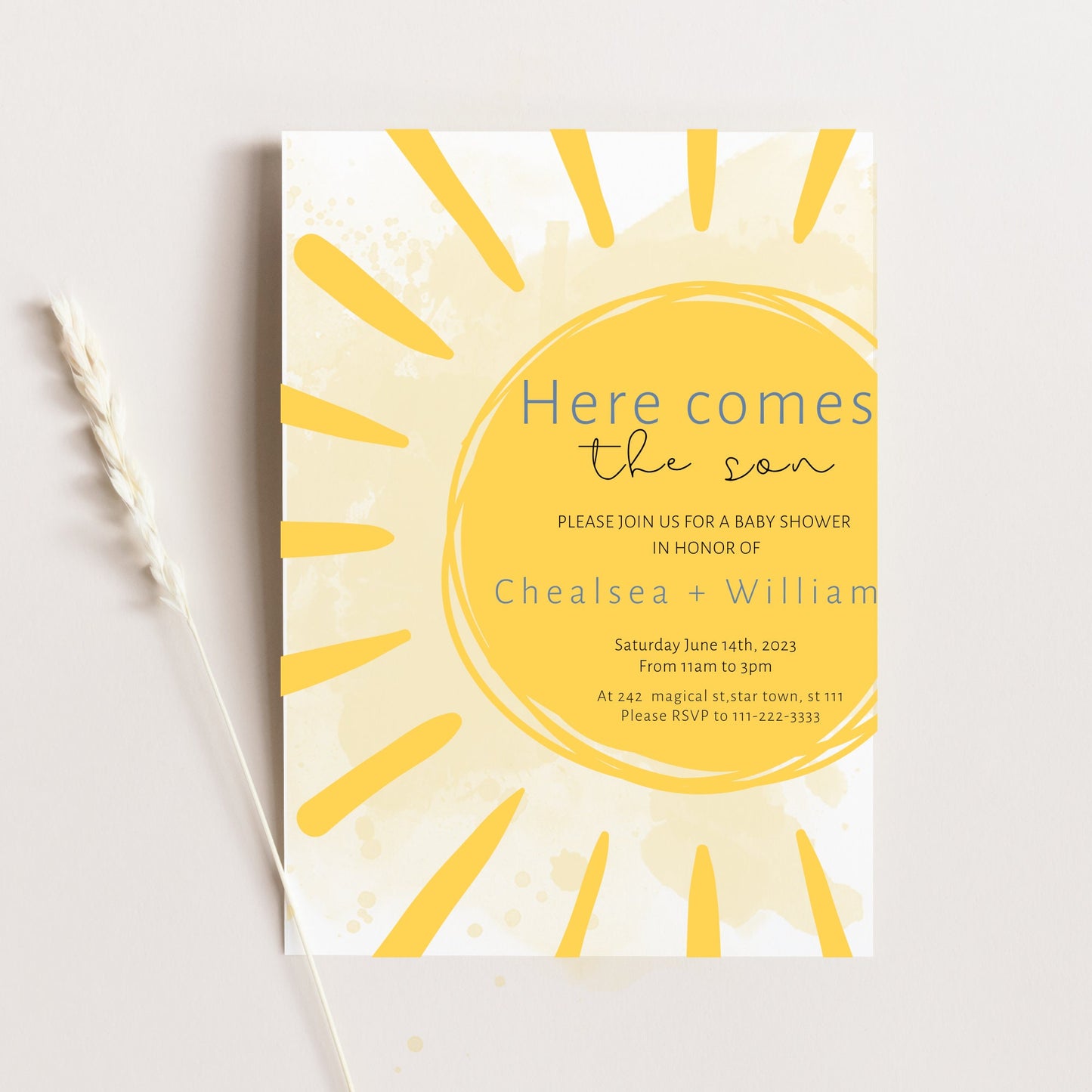 Here comes the sun DOWNLOAD Invite, Sun Baby Shower Invitation Set, Here Comes the Son Invitation, Baby Boy Shower Invite, Editable Template