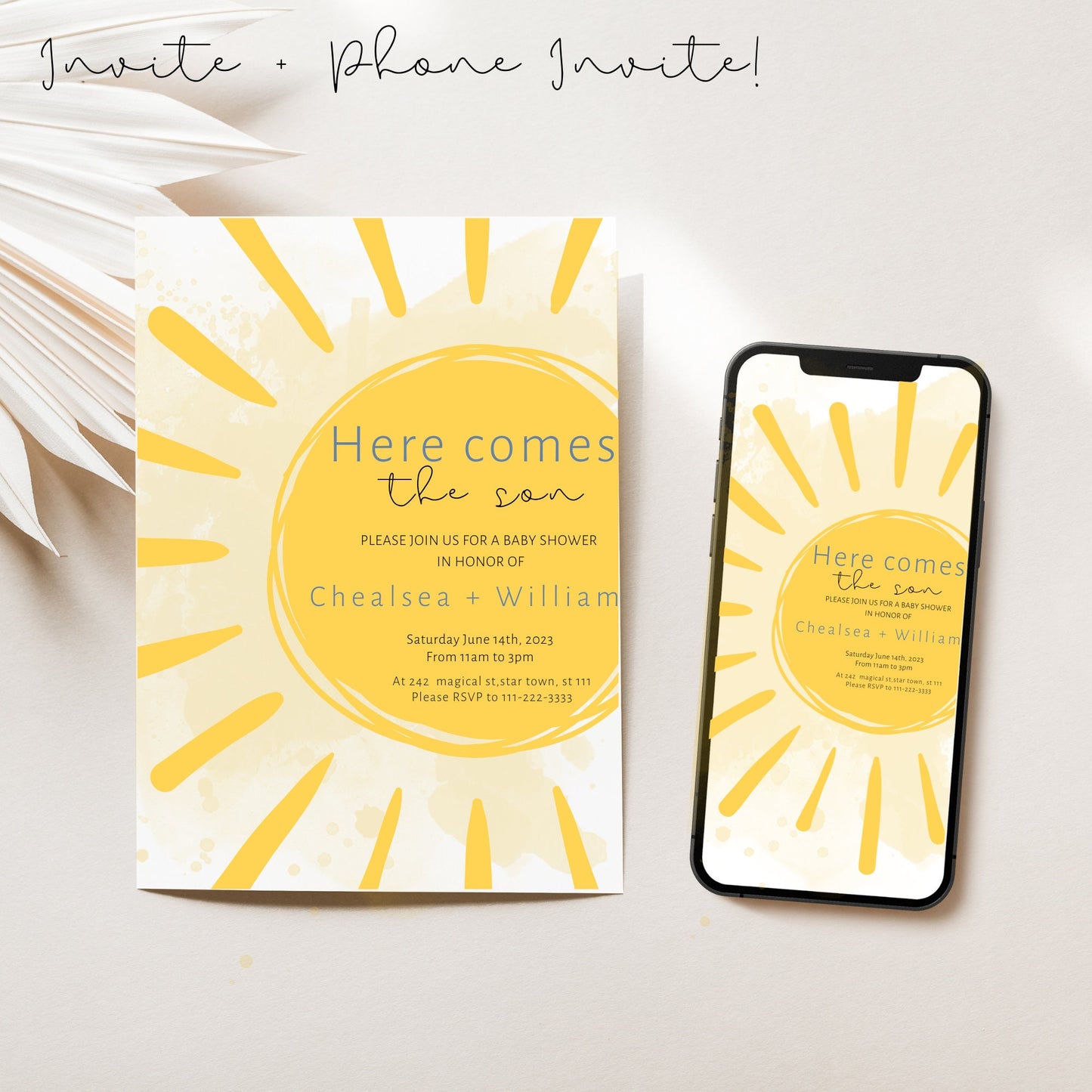Here comes the sun DOWNLOAD Invite, Sun Baby Shower Invitation Set, Here Comes the Son Invitation, Baby Boy Shower Invite, Editable Template