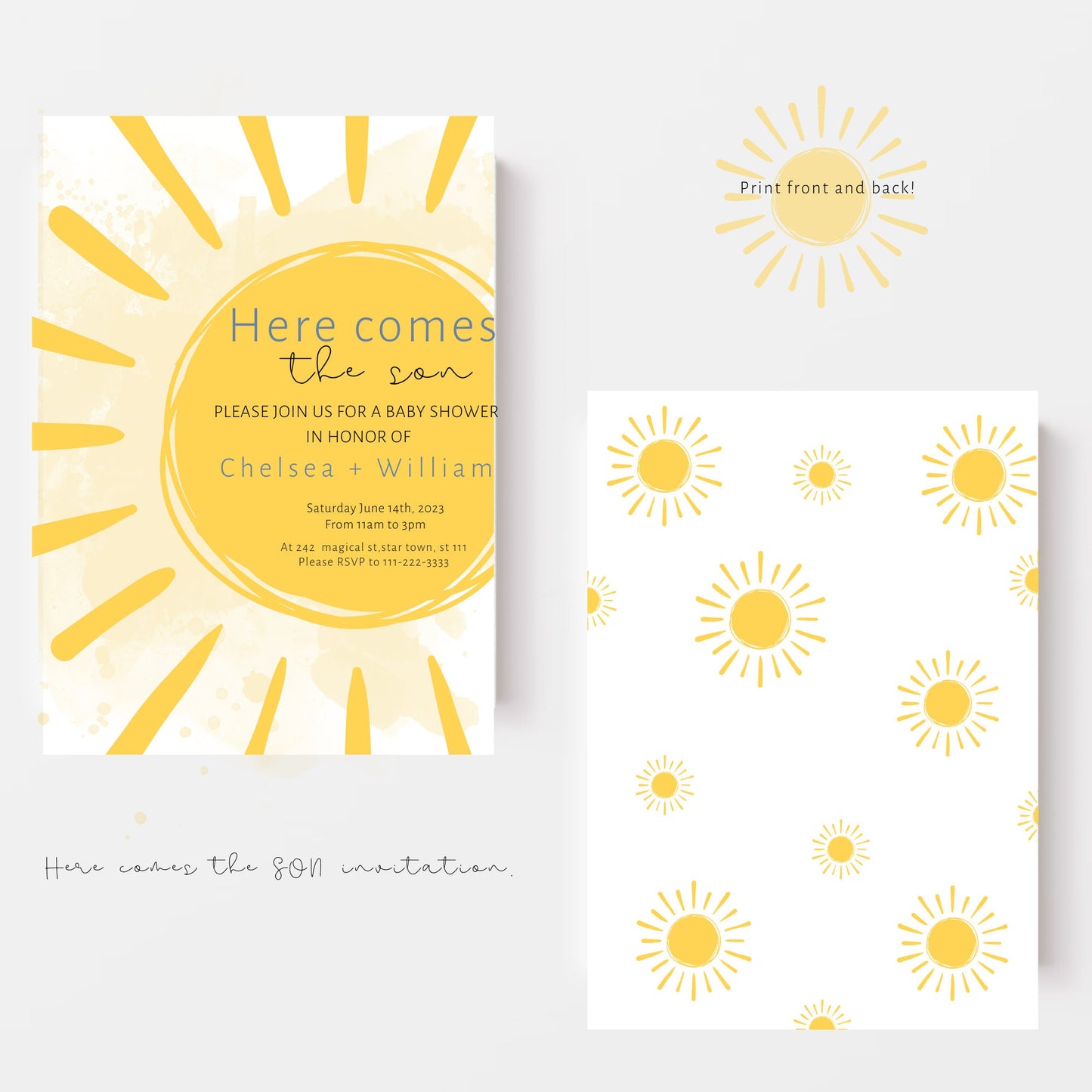 Here comes the sun DOWNLOAD Invite, Sun Baby Shower Invitation Set, Here Comes the Son Invitation, Baby Boy Shower Invite, Editable Template