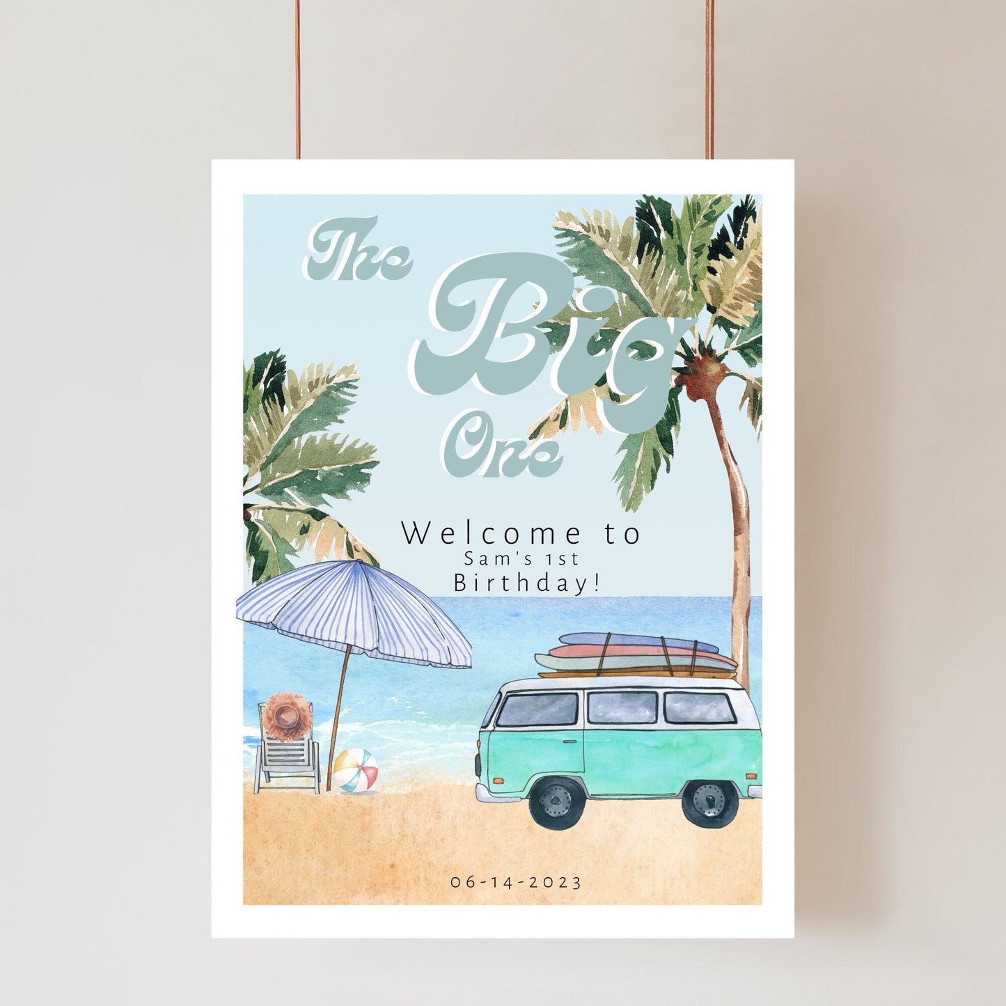 Editable Surf Birthday Welcome Sign blue Retro Bus, The Big One Surf's Up Birthday Welcome Sign Beach Party Instant DOWNLOAD, 1st Birthday