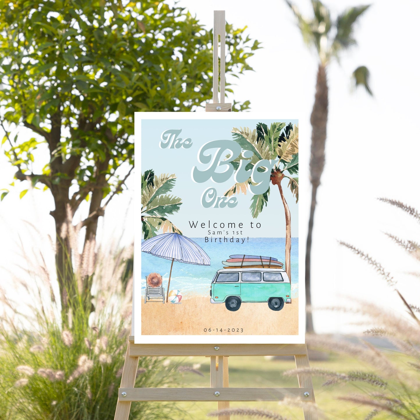 Editable Surf Birthday Welcome Sign blue Retro Bus, The Big One Surf's Up Birthday Welcome Sign Beach Party Instant DOWNLOAD, 1st Birthday