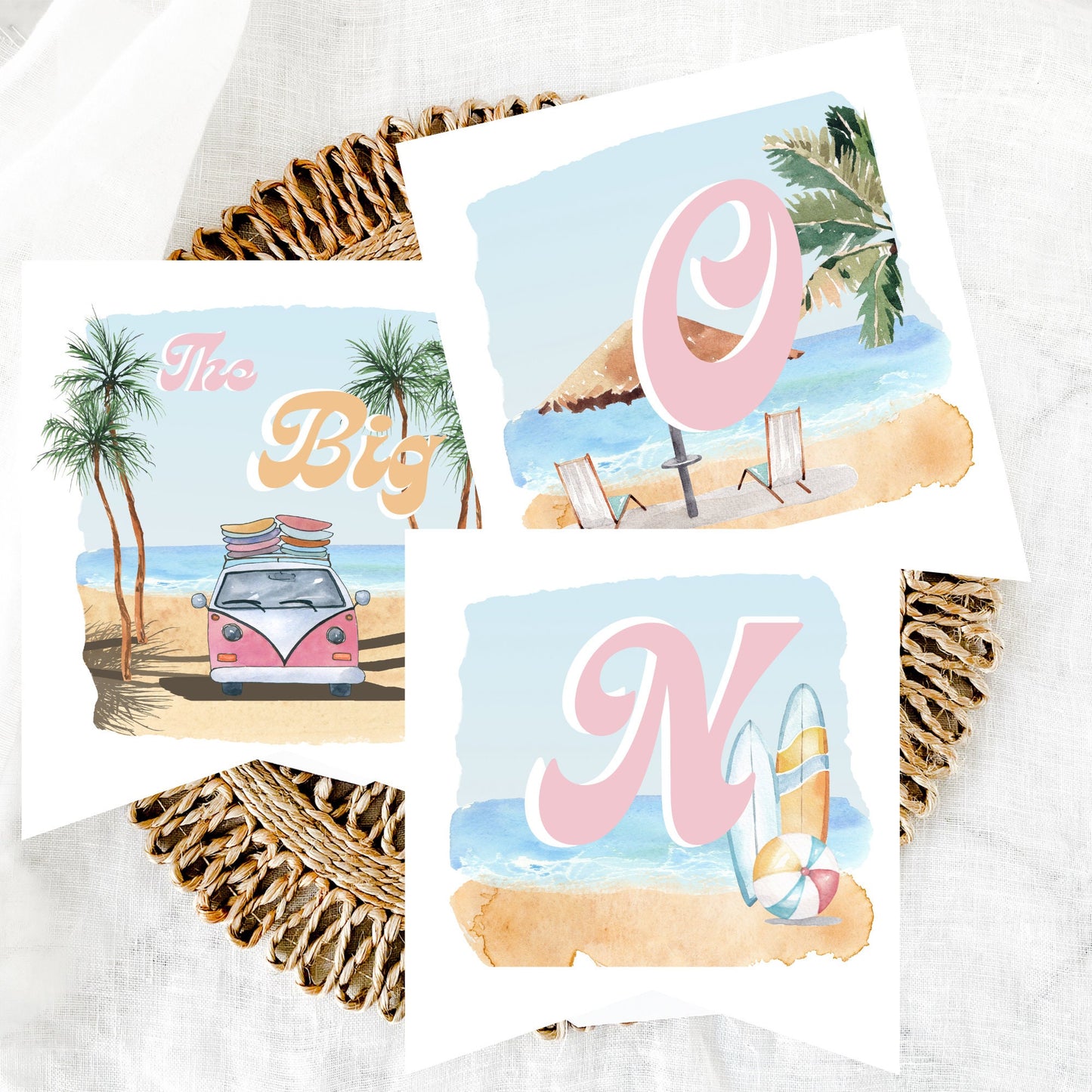 The BIG One Editable DOWNLOAD Banner, Pink retro bus The BIG One, 1st Birthday, Surfer Girl Party, Custom Banner, Party Banner