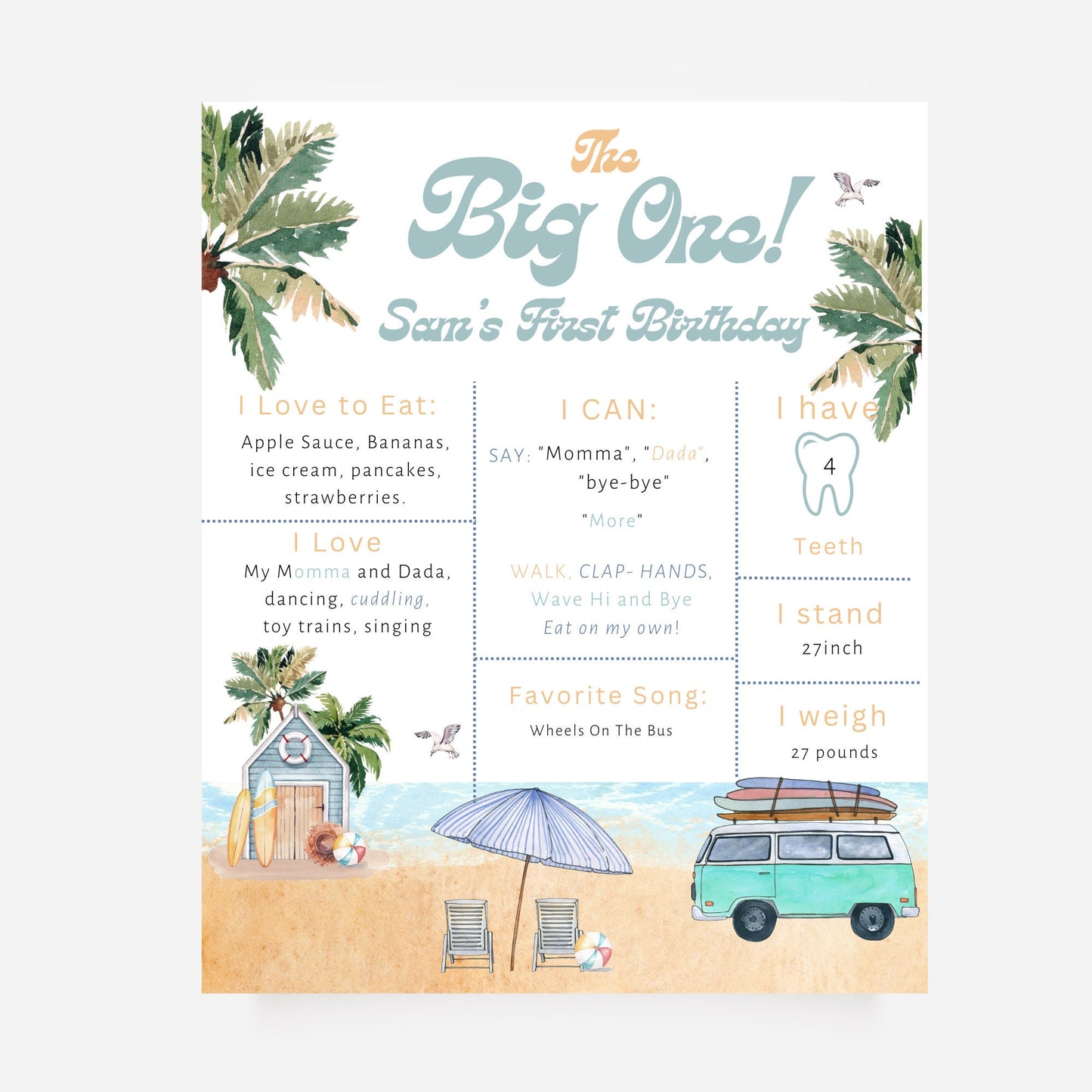 The Big One Milestone Poster, The Big One, Surfer birthday, 1st birthday milestone sign, Surfer theme 1st birthday, milestone poster sign