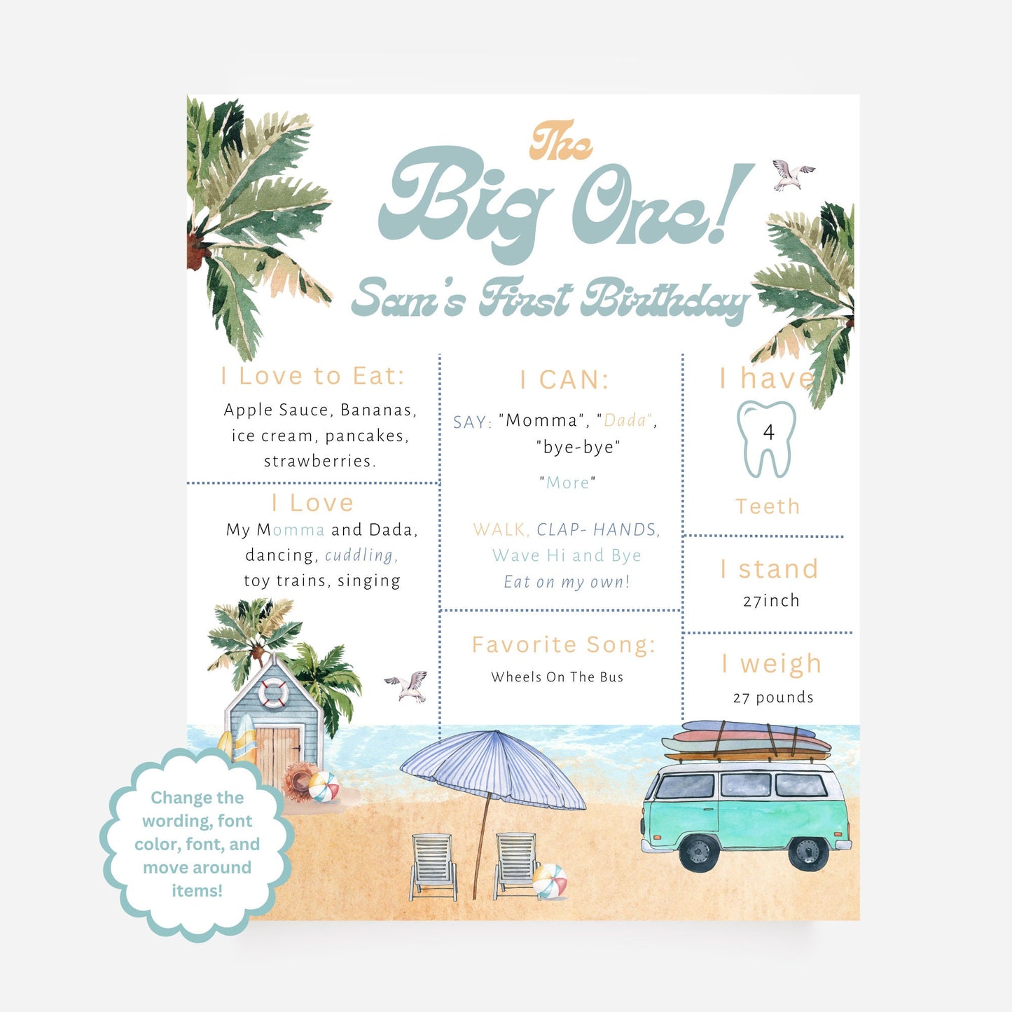 The Big One Milestone Poster, The Big One, Surfer birthday, 1st birthday milestone sign, Surfer theme 1st birthday, milestone poster sign