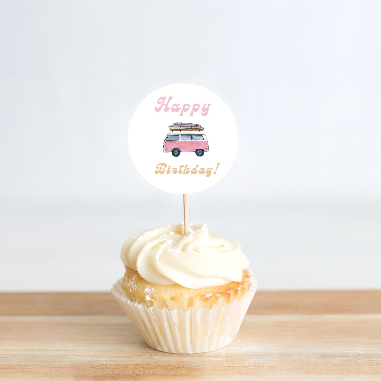 The BIG One Cupcake Toppers editable DOWNLOAD, Pink Retro Vibes Bus Toppers, 1st Birthday The Big One theme, Surfer Party, Cupcake Toppers