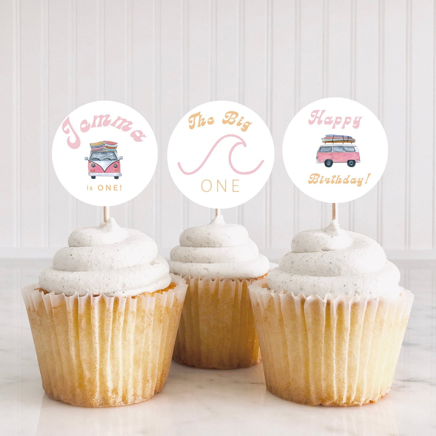 The BIG One Cupcake Toppers editable DOWNLOAD, Pink Retro Vibes Bus Toppers, 1st Birthday The Big One theme, Surfer Party, Cupcake Toppers