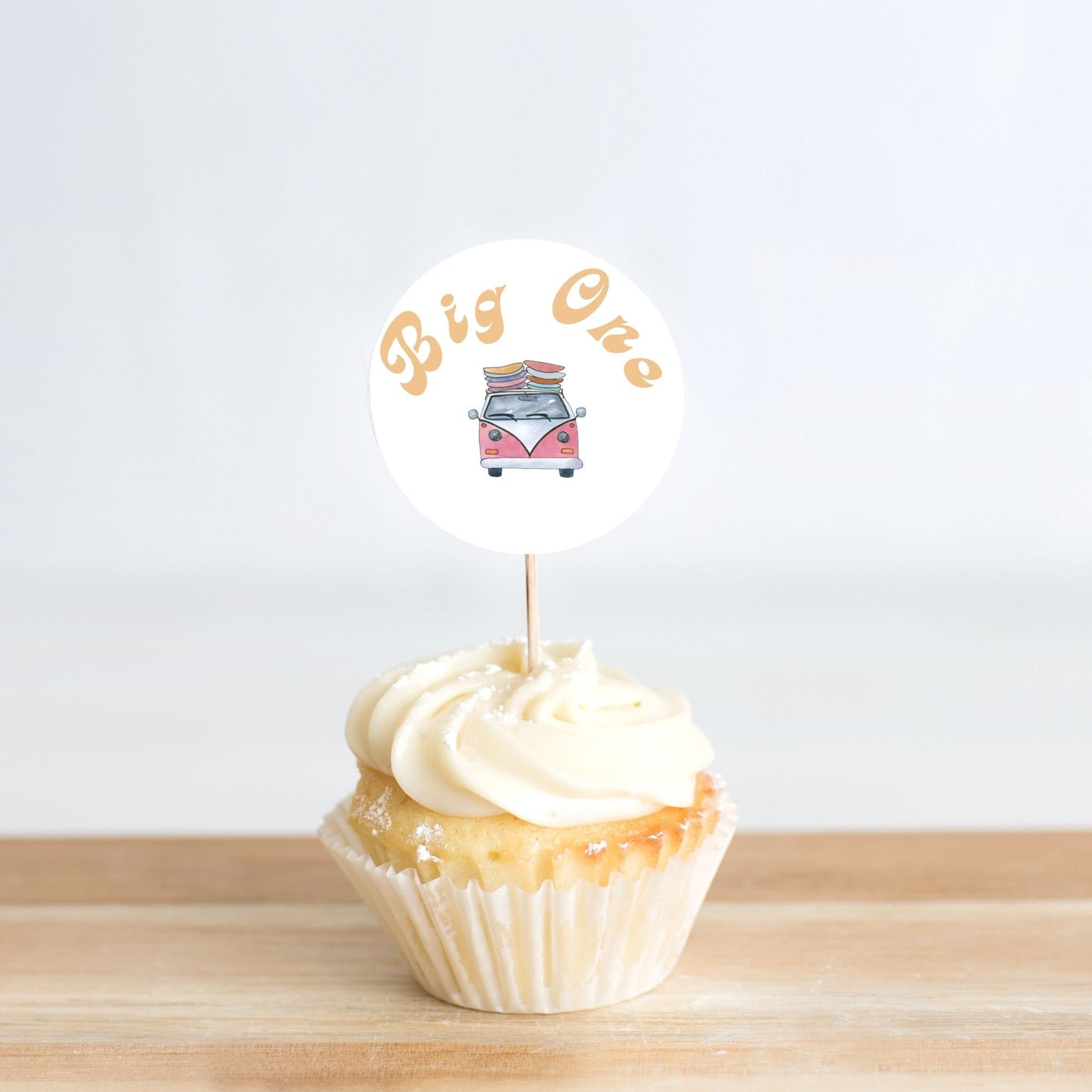The BIG One Cupcake Toppers editable DOWNLOAD, Pink Retro Vibes Bus Toppers, 1st Birthday The Big One theme, Surfer Party, Cupcake Toppers