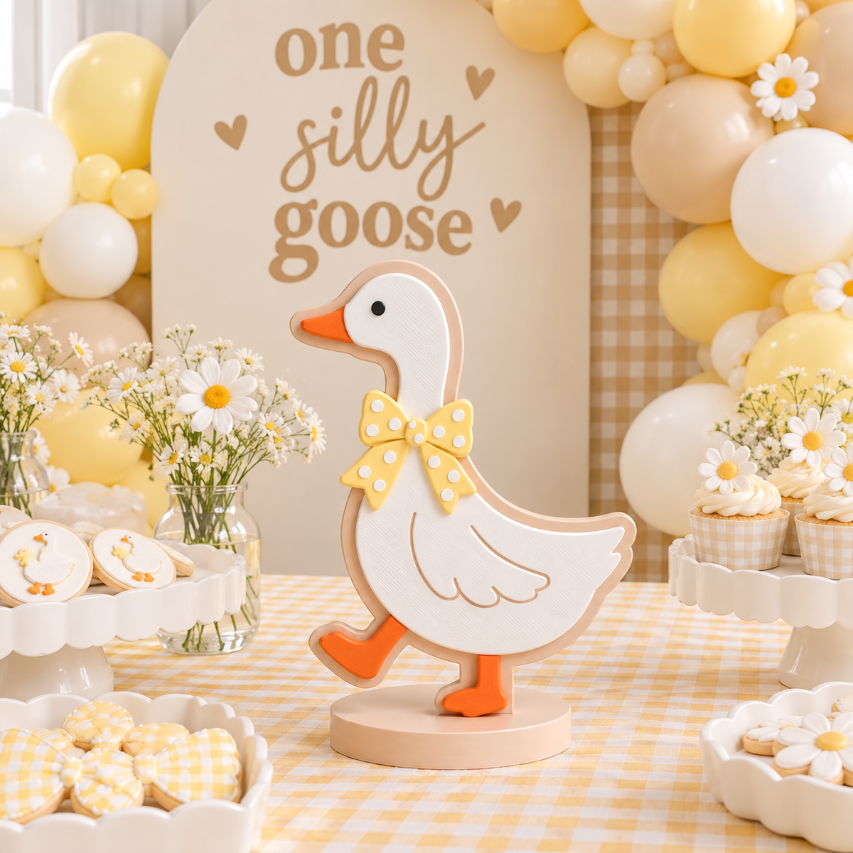 3D Printed Goose Centerpiece with Yellow Polka Dot Bow - One Silly Goose Birthday Party Decor - One Silly Goose Birthday - Goose Party -