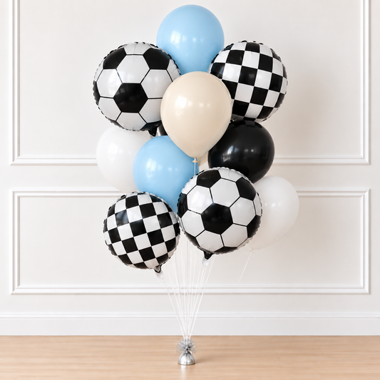 Soccer Birthday Balloon Bundle, 10 Pack | Soccer Ball & Checkered Foil Balloons | Light Blue, Tan, Black and White Party Deco