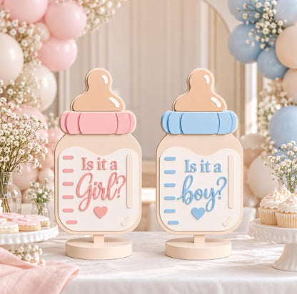 Gender Reveal Centerpiece Pair | 3D Printed Baby Bottle Signs | Is It a Girl? Is It a Boy? | Pink and Blue Party Decor - Gender Reveal Party