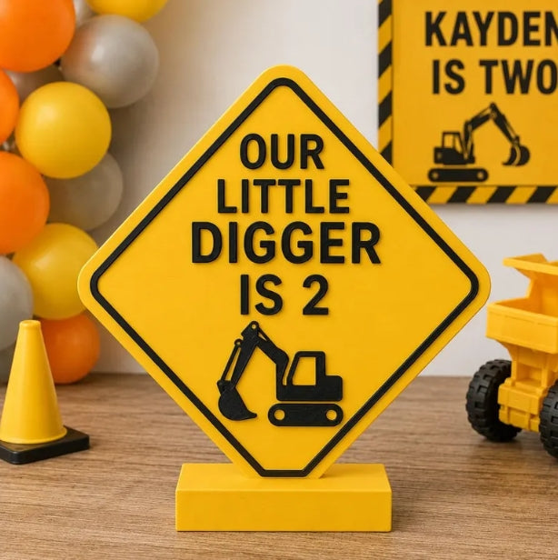 Construction 3D Printed Sign - Digging Into Two - Boys Birthday Sign - Little Digger Party Decor - Boys Birthday - Birthday Decor -