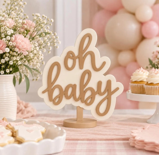 Oh Baby 3D Printed Baby Shower Sign - Neutral Table Centerpiece - Tan and Cream Baby Shower Decor - Oh Baby Signage -Baby Shower Decorations