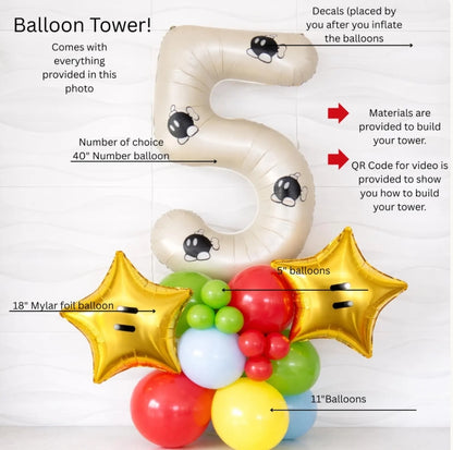 Super Mario Bros Balloons Birthday Tower - Number Tower - Super Mario Birthday Party - Mario Balloons - Super Mario Party - Mario Party