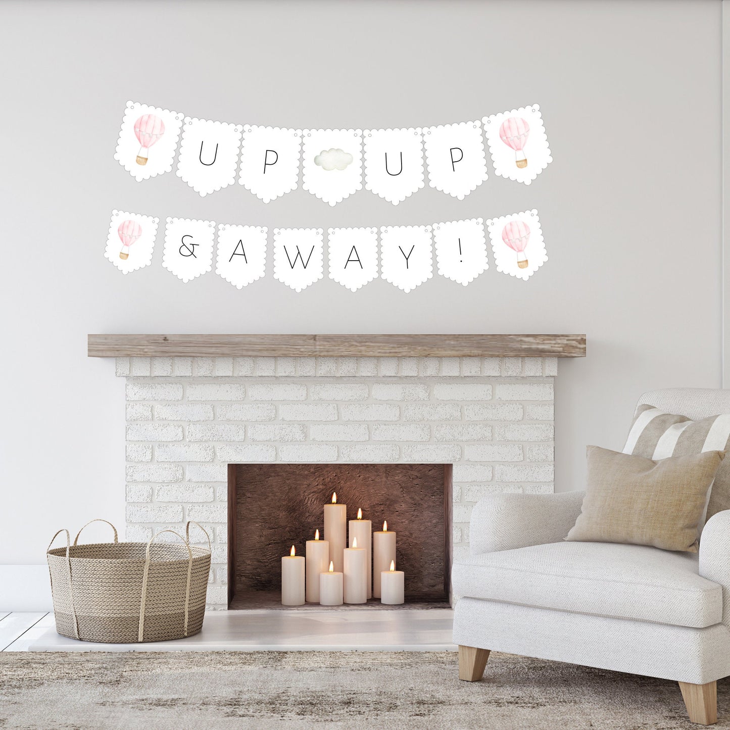 Baby Shower Printable Garland Banner, Up  Up and AWAY Banner , DIY Baby Shower Banner, Birthday, Blush Pink and white balloon, Girl