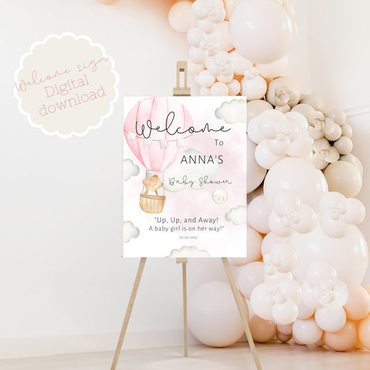Hot Air Balloon Welcome Sign, Baby Shower Welcome Sign Printable, Girl Baby Shower, Up Up And Away Shower, Editable Template
