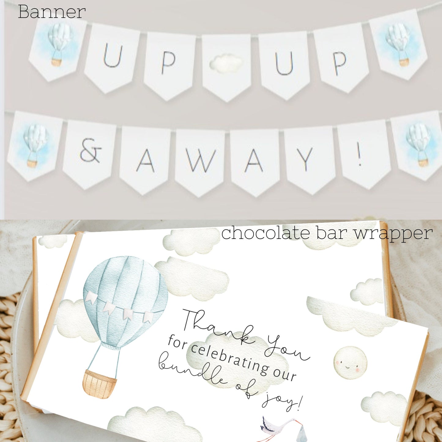 Hot Air Balloon Shower Invitation Bundle, Printable Baby Shower Invitation Pack, Editable boy Baby Shower bundle, Blue baby shower