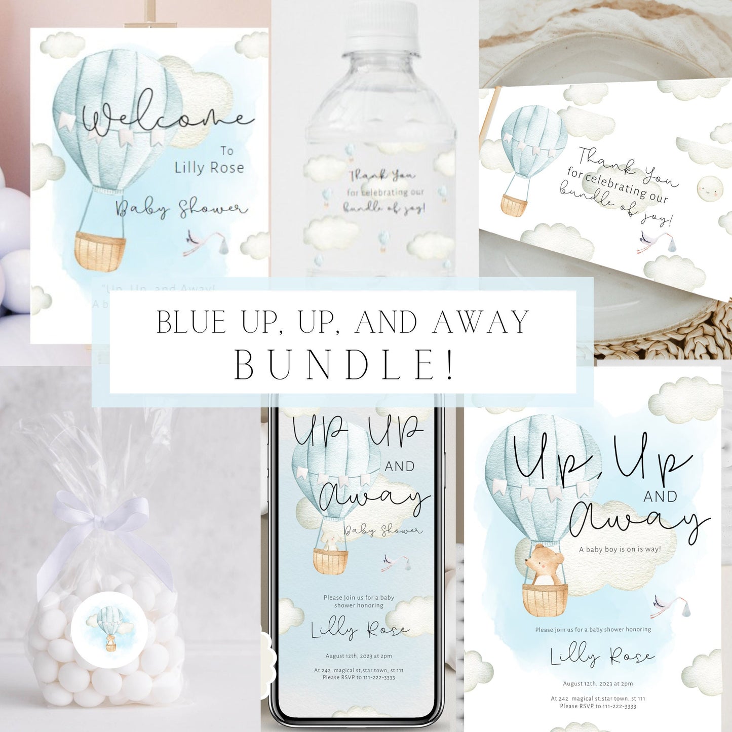 Hot Air Balloon Shower Invitation Bundle, Printable Baby Shower Invitation Pack, Editable boy Baby Shower bundle, Blue baby shower