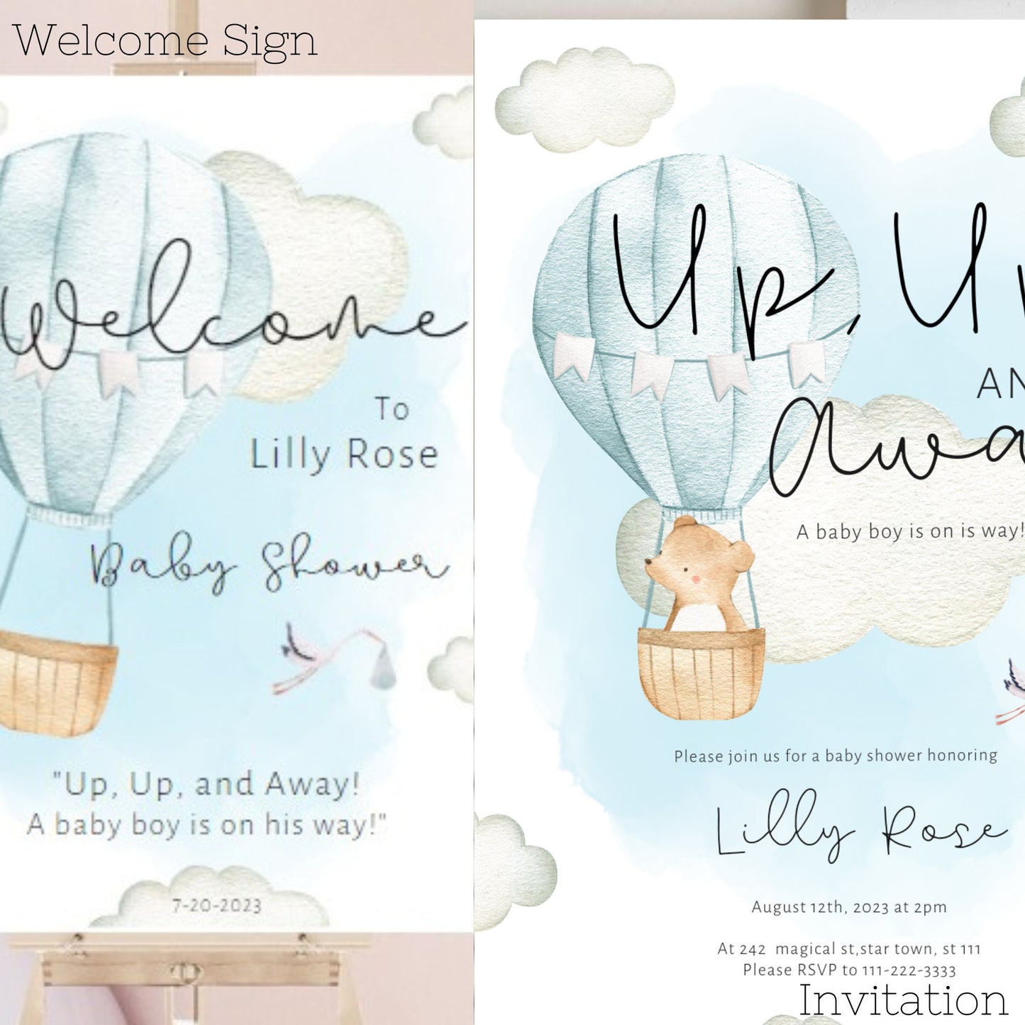 Hot Air Balloon Shower Invitation Bundle, Printable Baby Shower Invitation Pack, Editable boy Baby Shower bundle, Blue baby shower