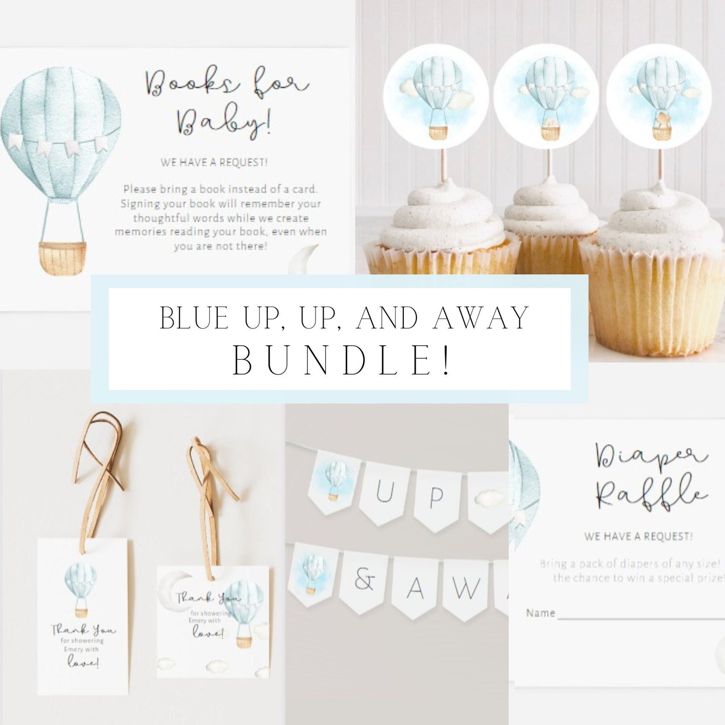 Hot Air Balloon Shower Invitation Bundle, Printable Baby Shower Invitation Pack, Editable boy Baby Shower bundle, Blue baby shower