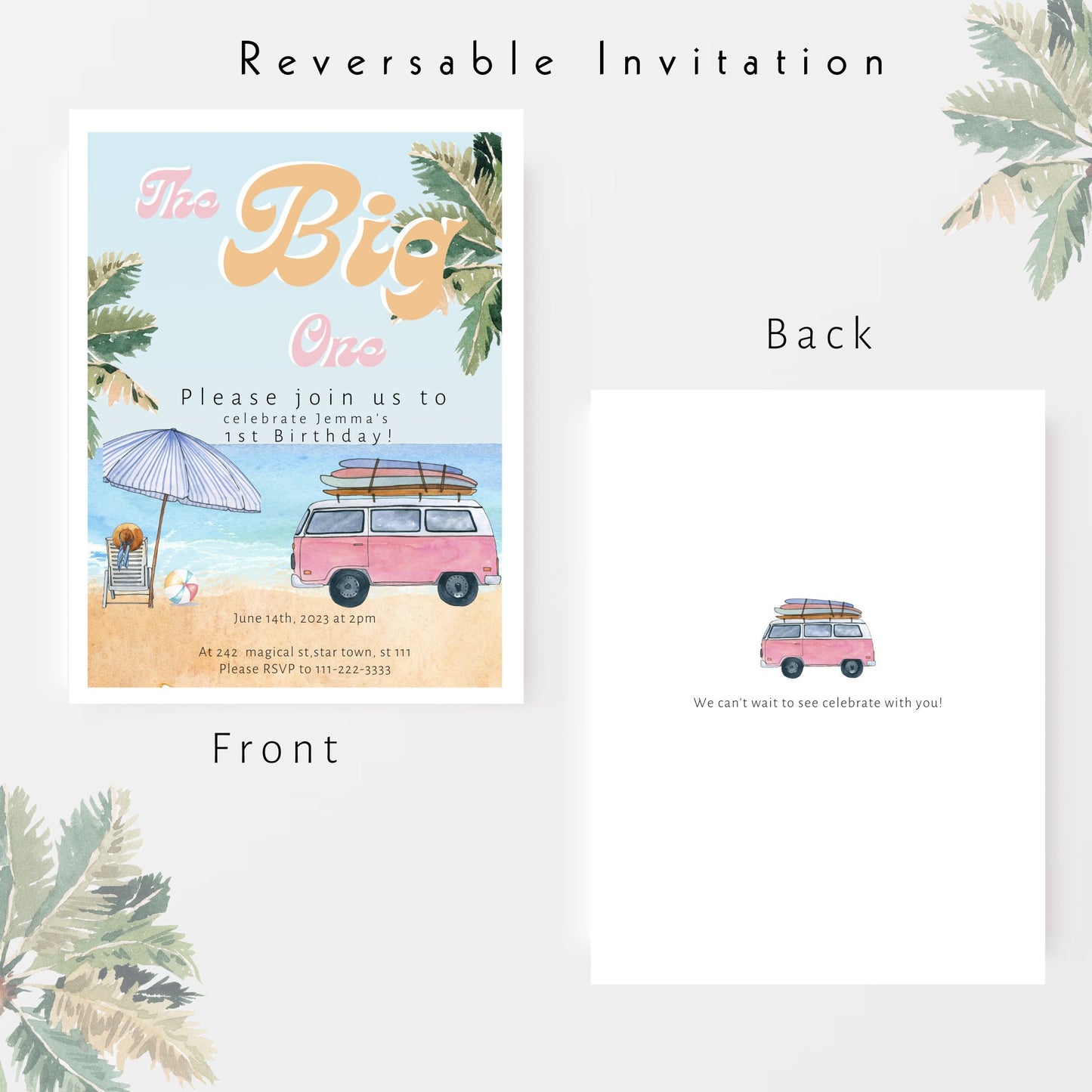 The BIG One DOWNLOAD Invitation, Pink Retro Bus 1st Birthday, The Big One Surfing 1st Birthday Party Invitation Retro, Surf Van Surfboard