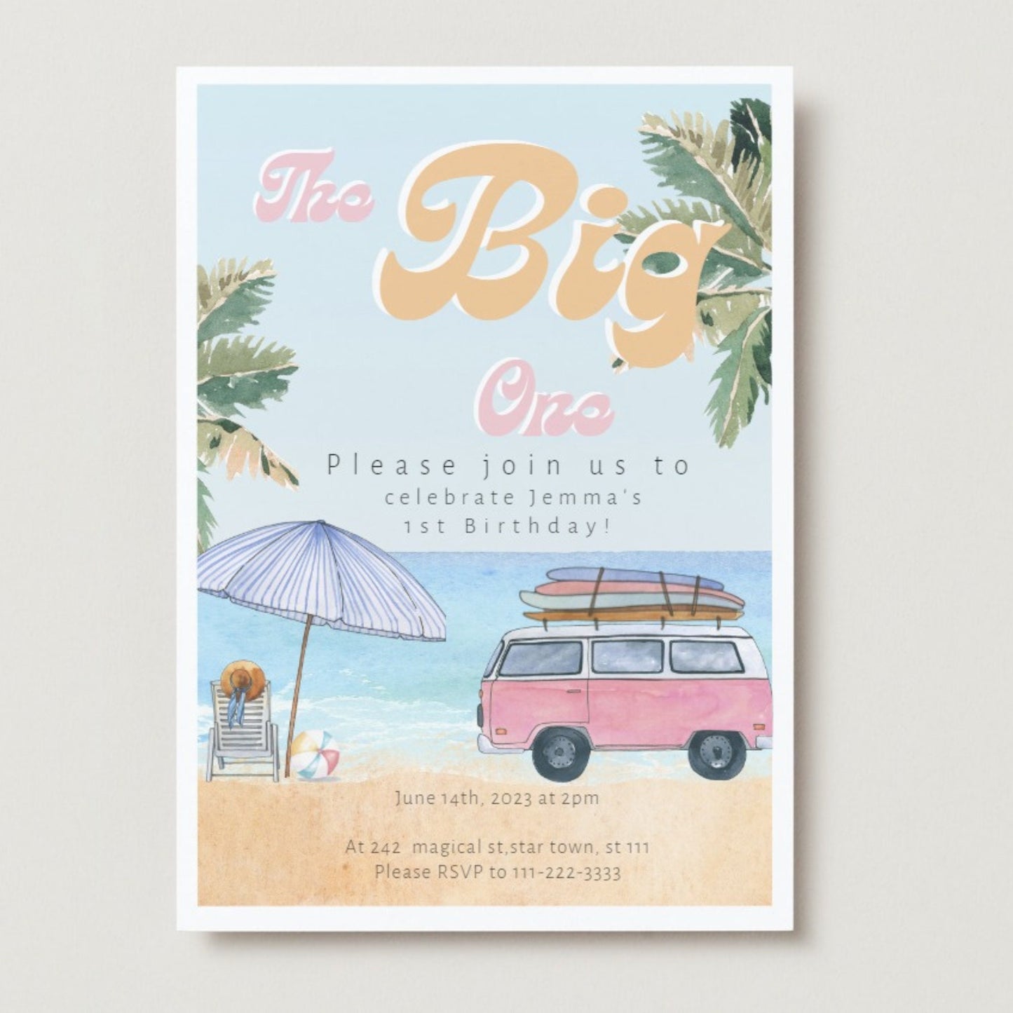 The BIG One DOWNLOAD Invitation, Pink Retro Bus 1st Birthday, The Big One Surfing 1st Birthday Party Invitation Retro, Surf Van Surfboard