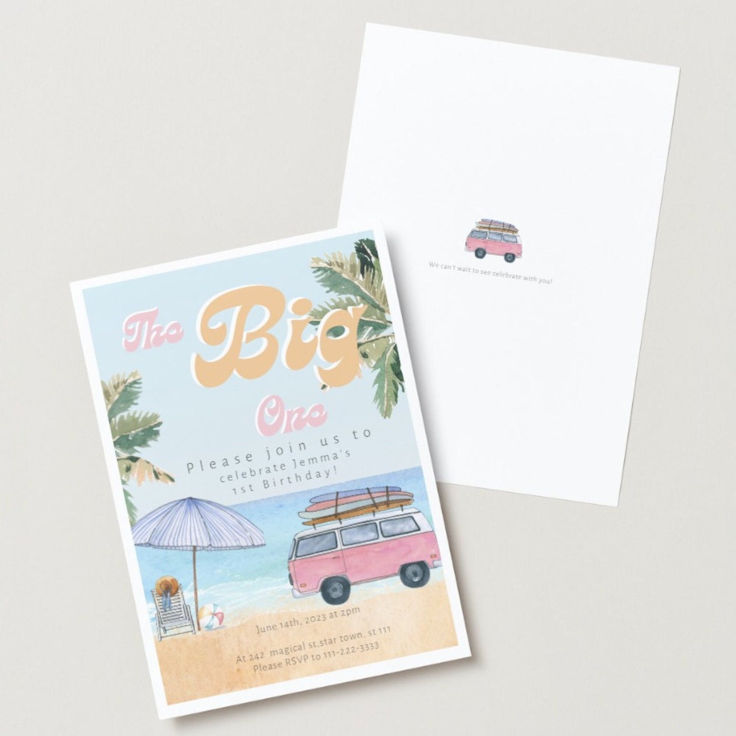 The BIG One DOWNLOAD Invitation, Pink Retro Bus 1st Birthday, The Big One Surfing 1st Birthday Party Invitation Retro, Surf Van Surfboard