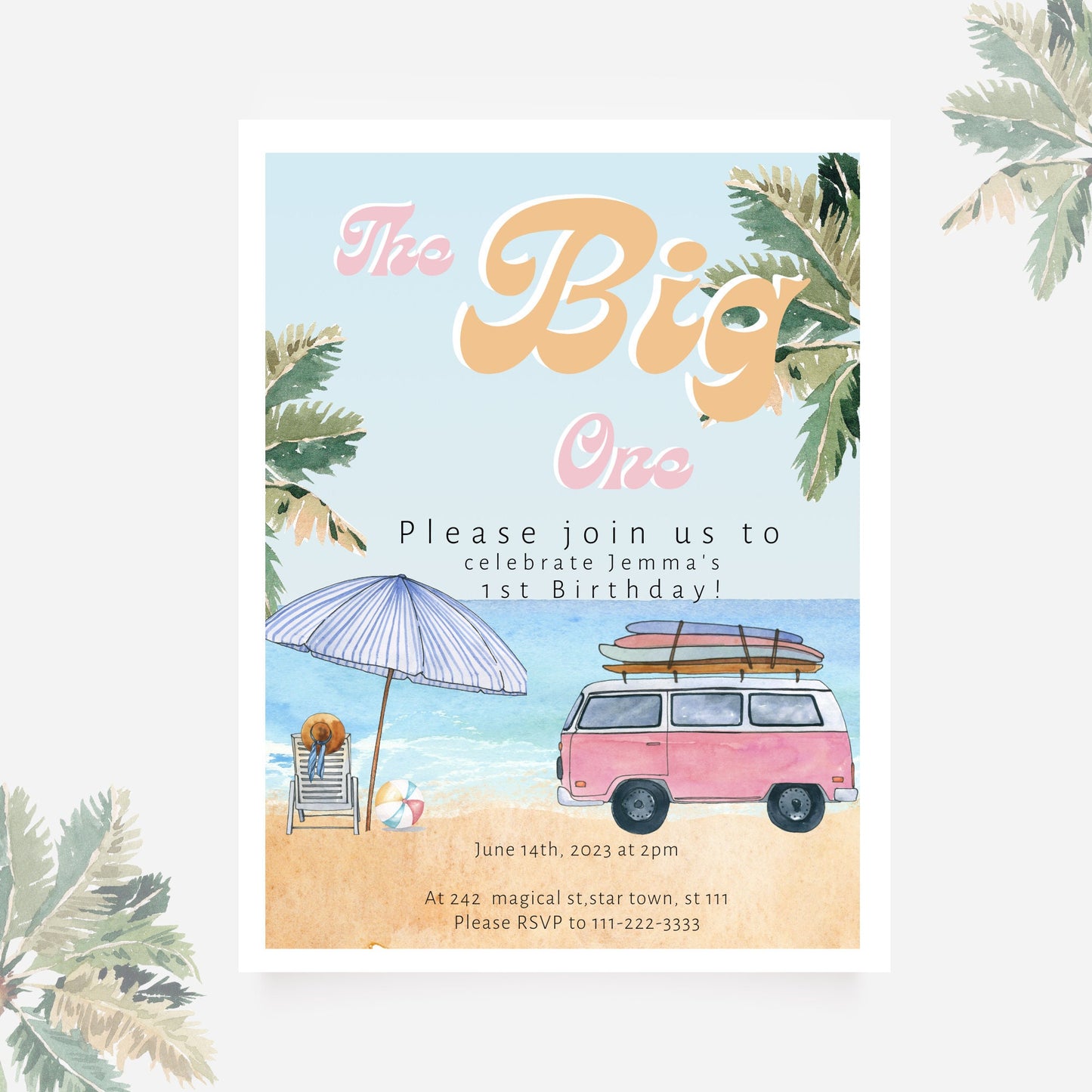 The BIG One DOWNLOAD Invitation, Pink Retro Bus 1st Birthday, The Big One Surfing 1st Birthday Party Invitation Retro, Surf Van Surfboard