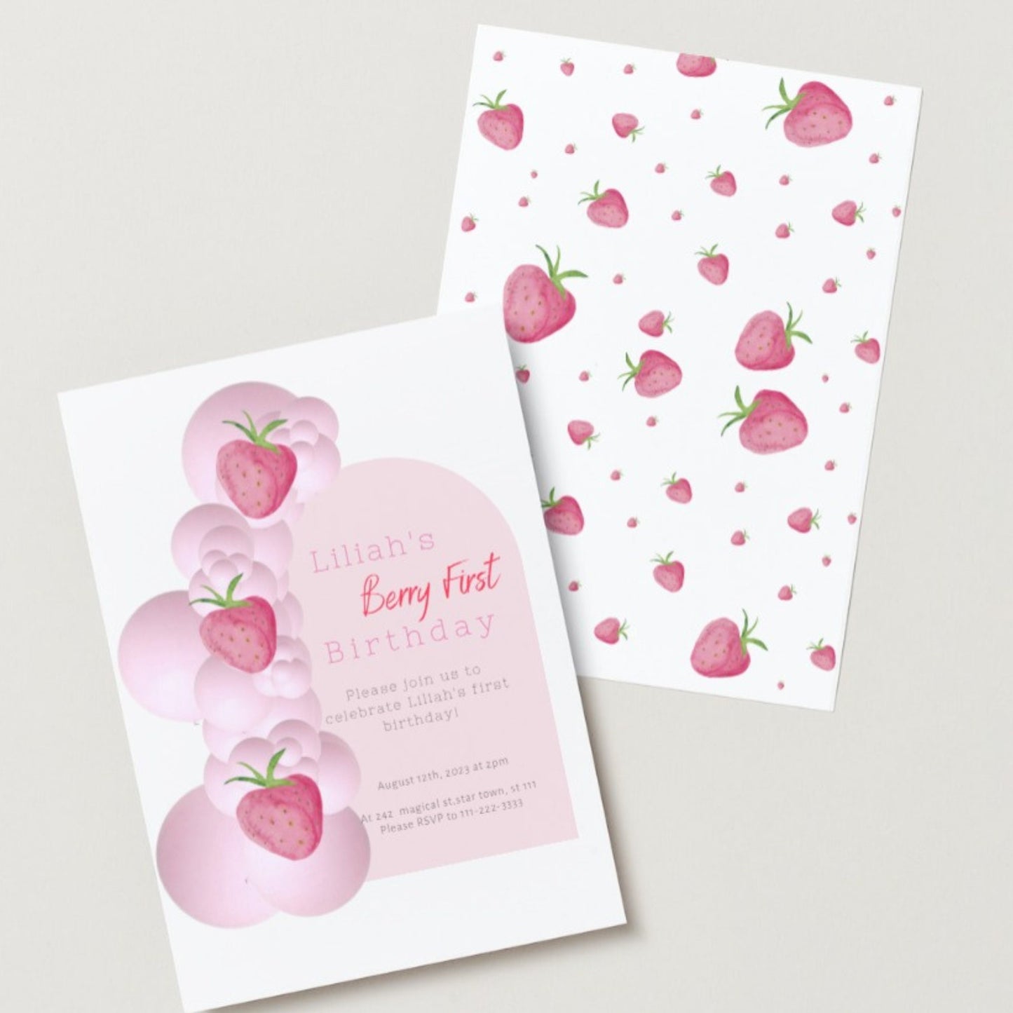 Berry First Birthday, 1st birthday, Strawberry Theme 1st Birthday, Pink Strawberry DOWNLOAD Editable Invitation, Birthday Invitatin, Berry