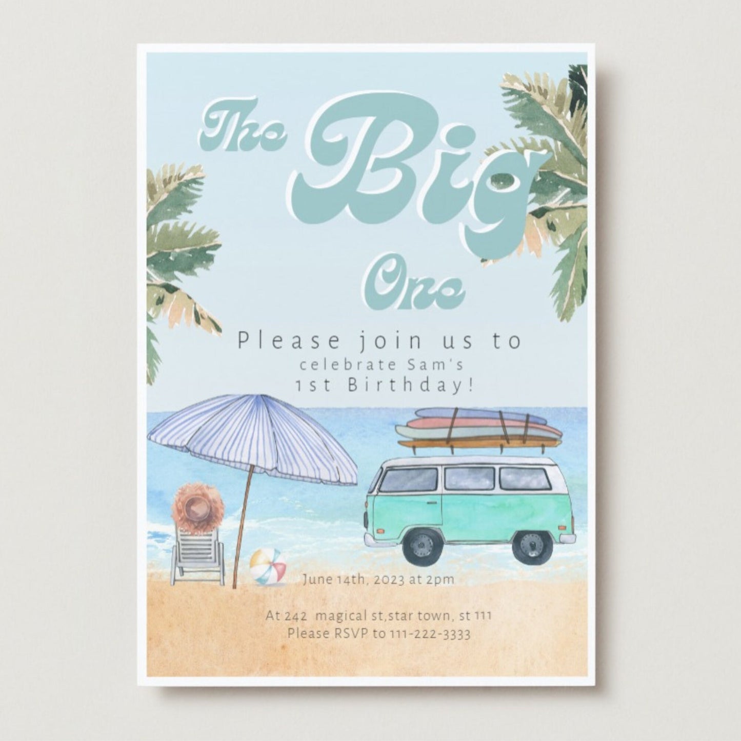 The BIG One DOWNLOAD Invitation, Retro Bus 1st Birthday, The Big One Surfing 1st Birthday Party Invitation Retro, Surf Van Surfboard, Surfer