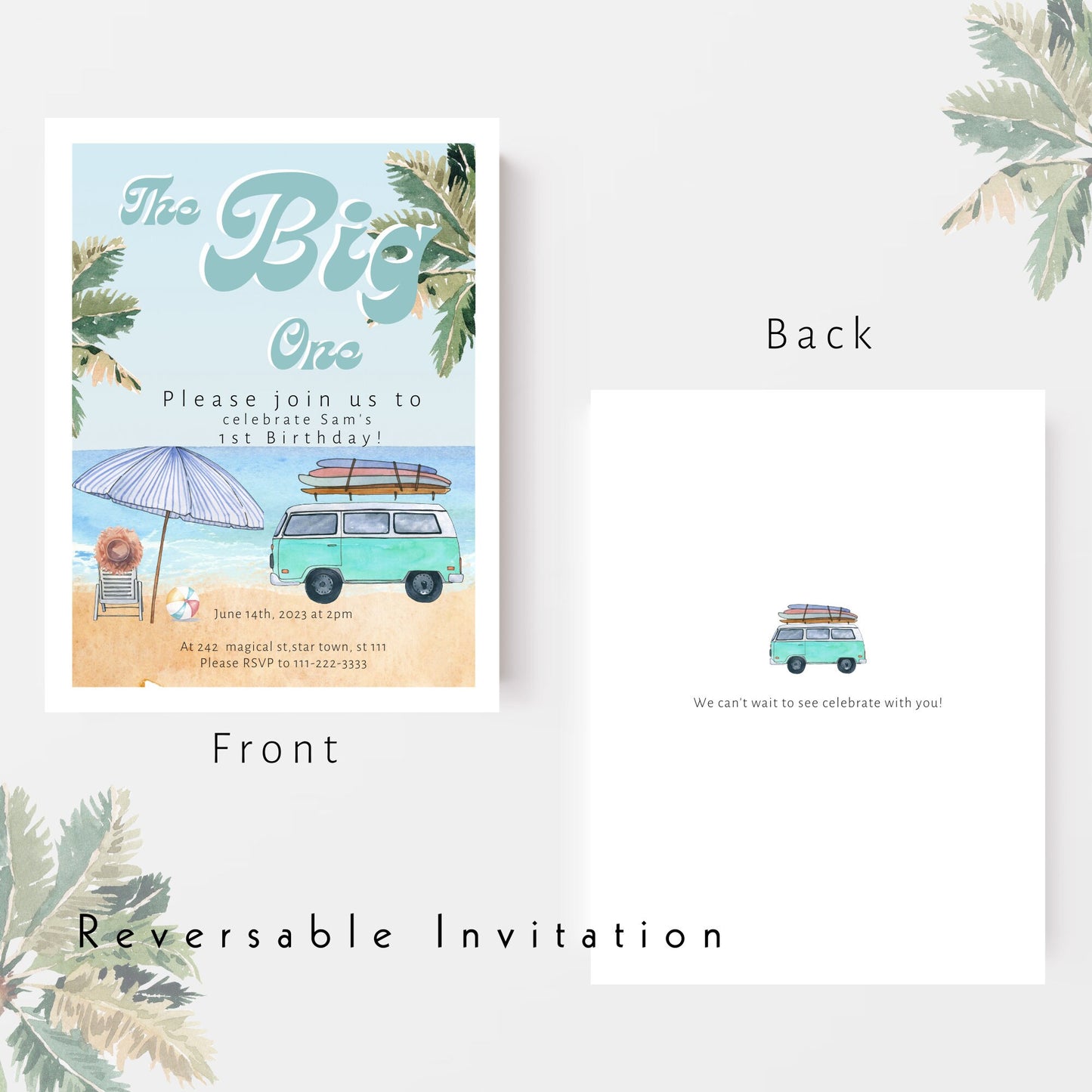 The BIG One DOWNLOAD Invitation, Retro Bus 1st Birthday, The Big One Surfing 1st Birthday Party Invitation Retro, Surf Van Surfboard, Surfer