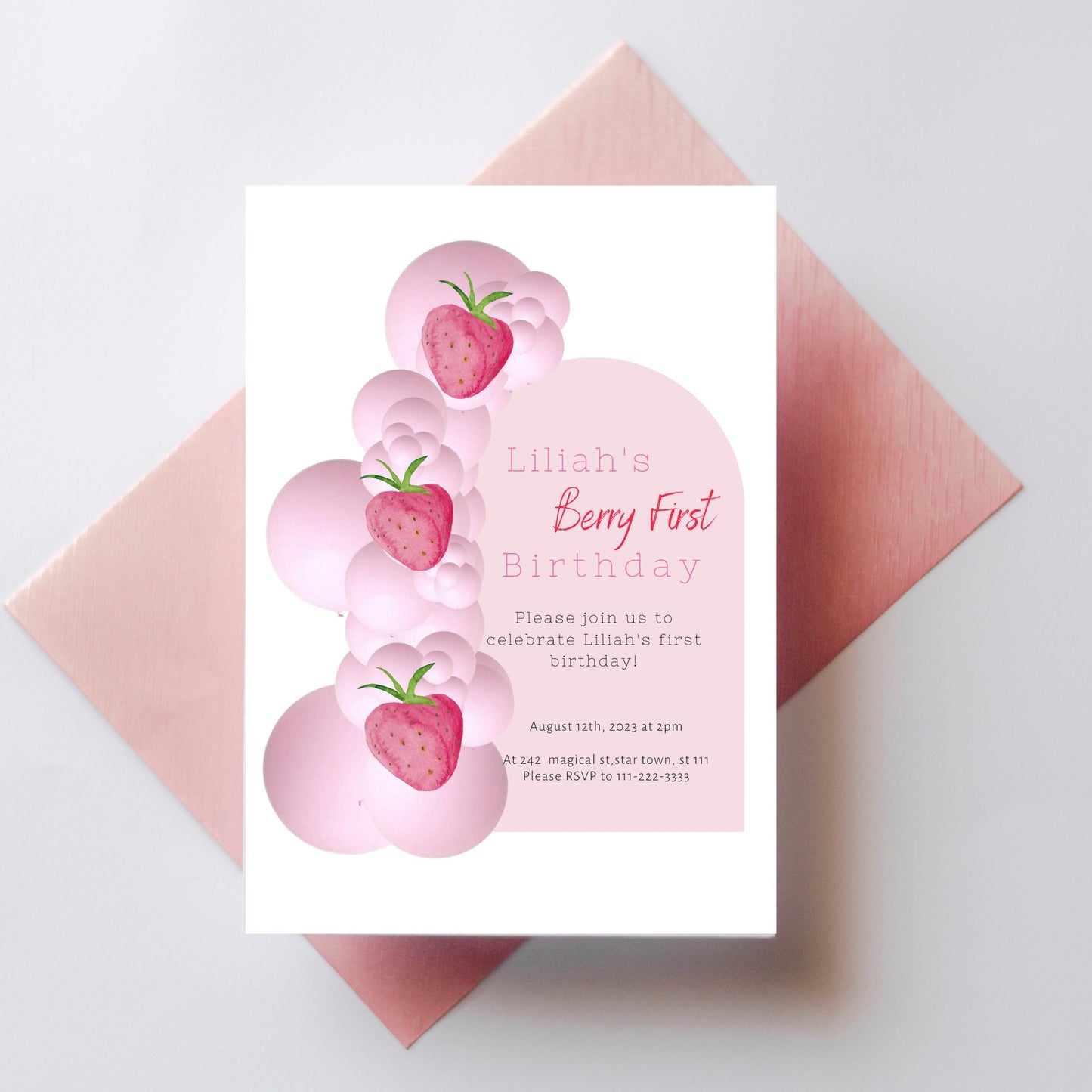 Berry First Birthday, 1st birthday, Strawberry Theme 1st Birthday, Pink Strawberry DOWNLOAD Editable Invitation, Birthday Invitatin, Berry