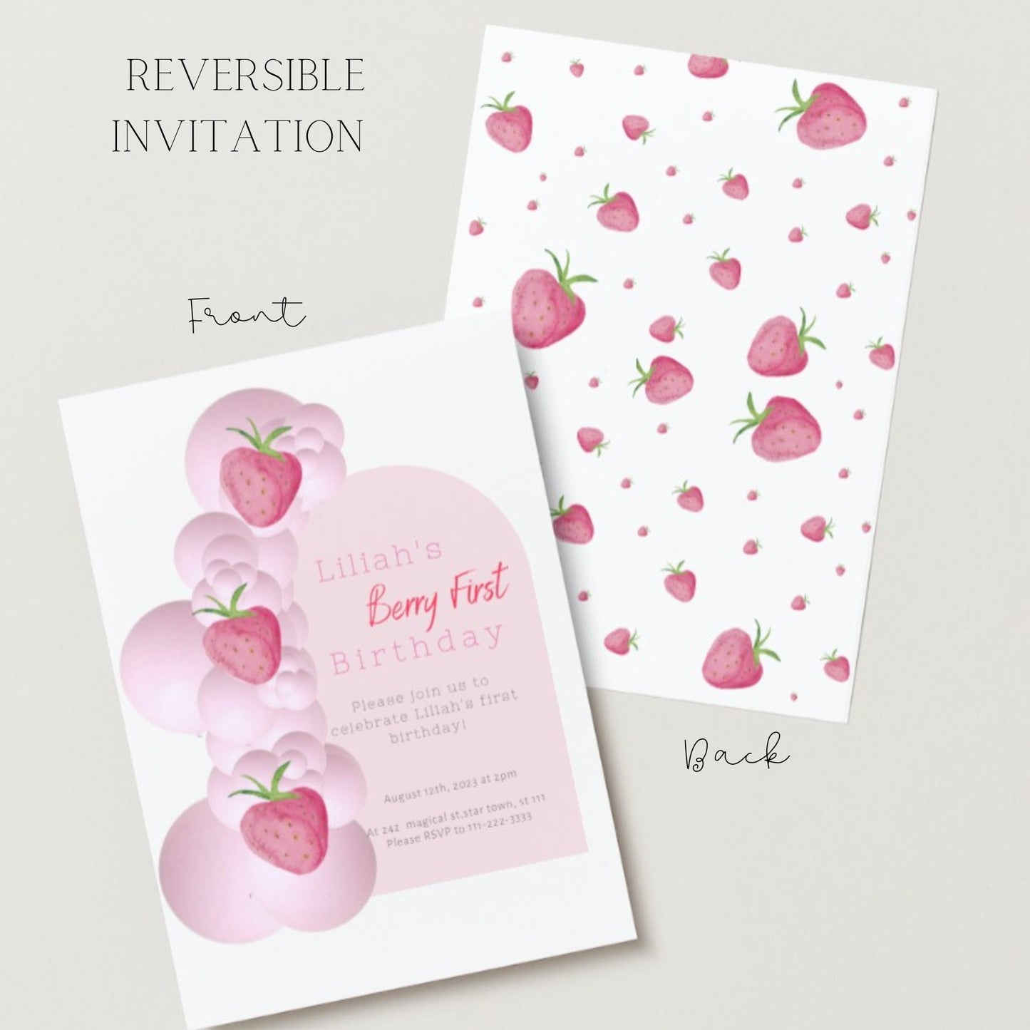 Berry First Birthday, 1st birthday, Strawberry Theme 1st Birthday, Pink Strawberry DOWNLOAD Editable Invitation, Birthday Invitatin, Berry