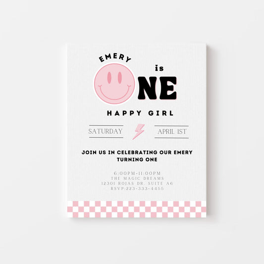 One Happy Girl Party Invite- Girl 1St Birthday - Editable Template - Smiley Face Invite - Girl First Birthday - One Happy Smile Face -