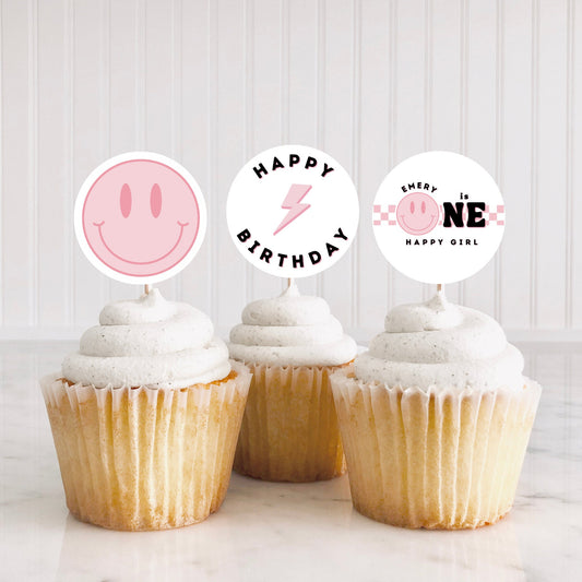One Happy Girl Cup Cake Toppers - Cup Cake Topper - One Happy Girl Theme Birthday - One Happy Babe - One Happy Girl Decor - One Happy Girl